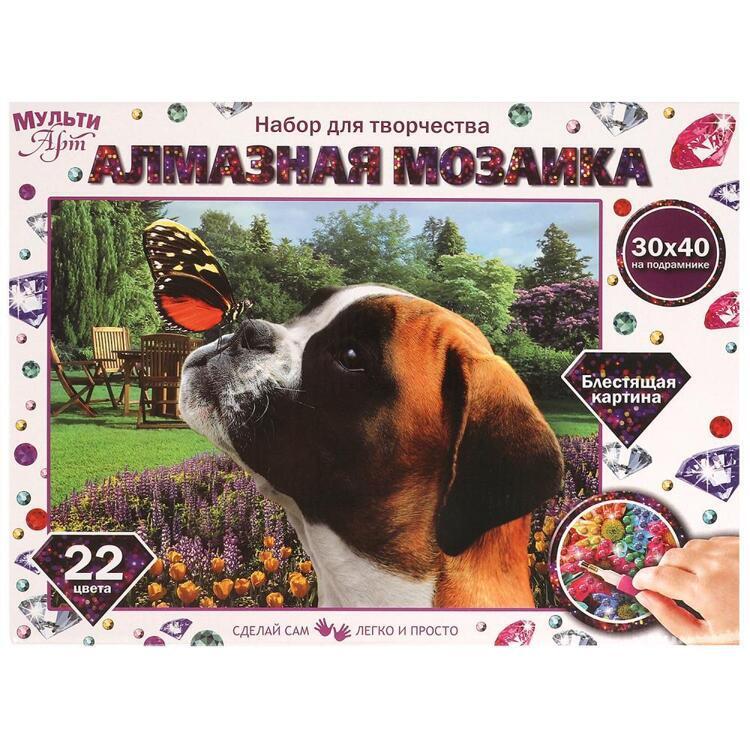 378502/Алмазная мозаика 30*40 см с подрамником собака и бабочка МУЛЬТИ АРТ/AM30X40-DOGFLY/1